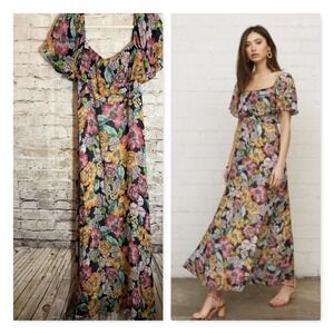 Rachel Pally Maxi Chiffon Eden Dress Large Dark Romantic Bouquet Off Shoulder